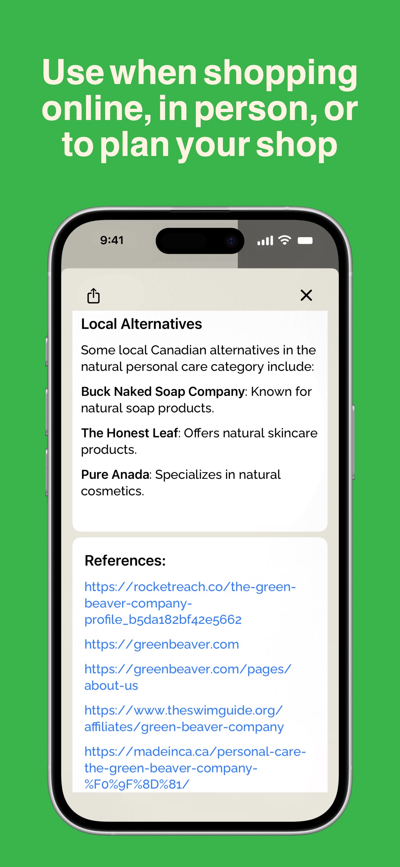 Use when shopping online, in person, or to plan your shop